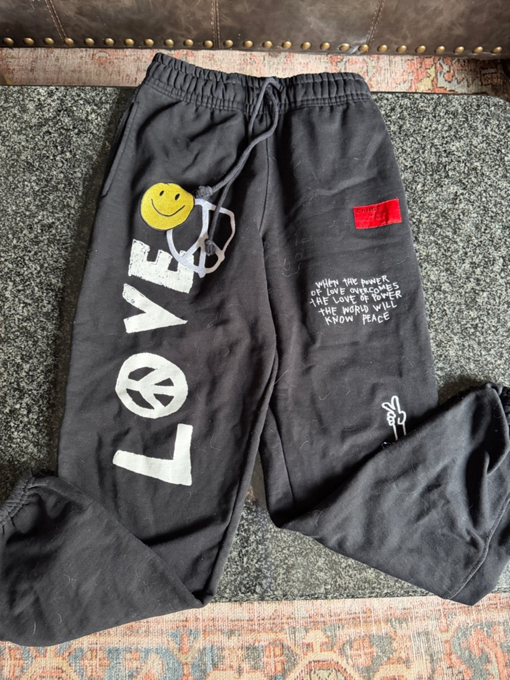 CHNGE Black Track Pants with Smile & LOVE Graphics